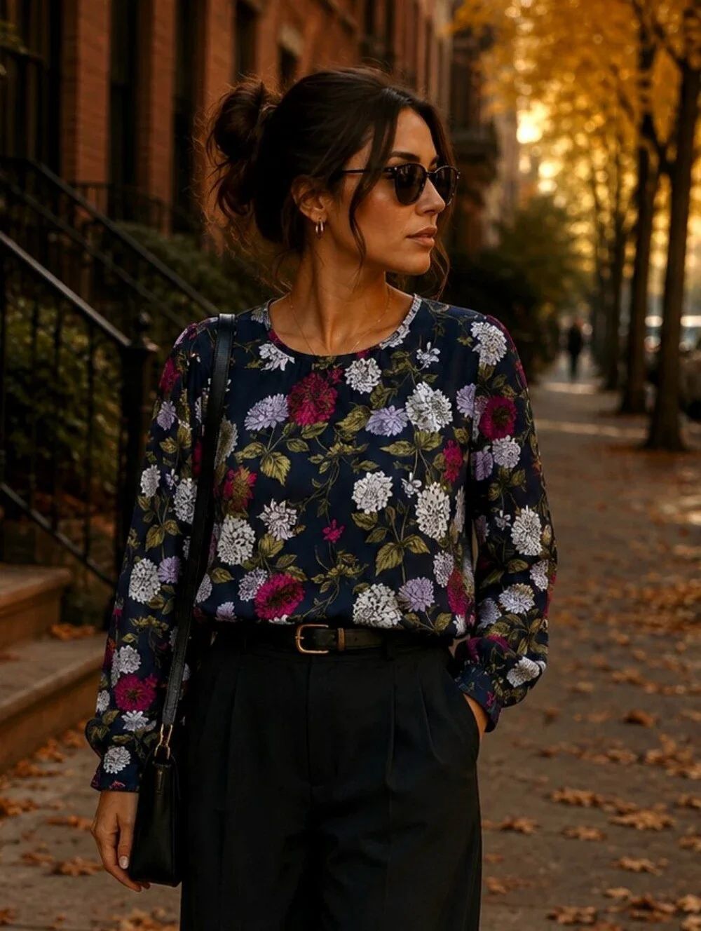 Ann Taylor Navy Floral Blouse with Pink & White Flowers